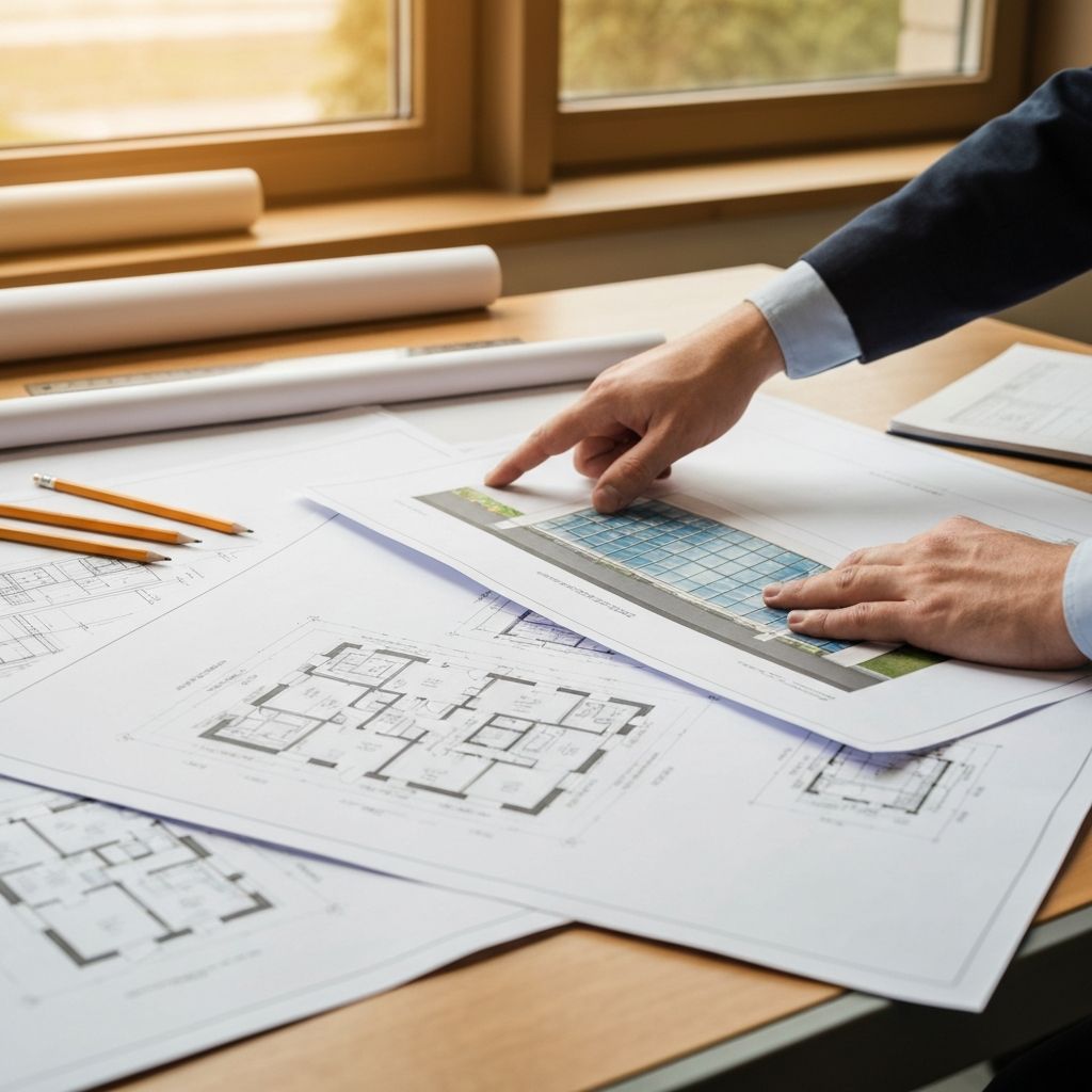 Architectural blueprints on drafting table
